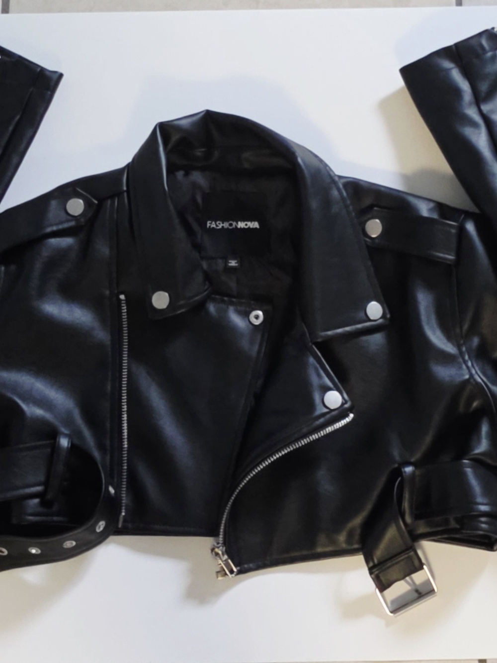 Fashion Nova Black Faux Leather Cropped Moto Jacket with Belt
